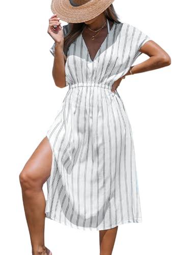 cupshe women's midi beach cover up dress v neck short sleeve striped bathing suit coverups xs-xxl white, m