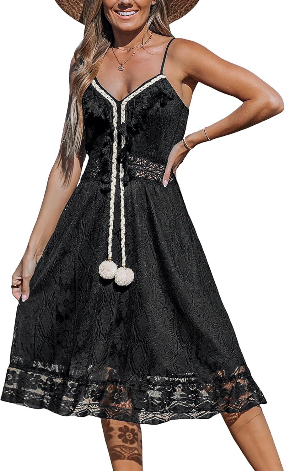 cupshe women's mini dress lace boho tassel v-neck flare ruffle adjustable straps beach summer short dress
