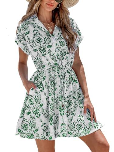 cupshe women's mini dress short sleeve button belted paisley pockets casual a line summer dress green paisley l