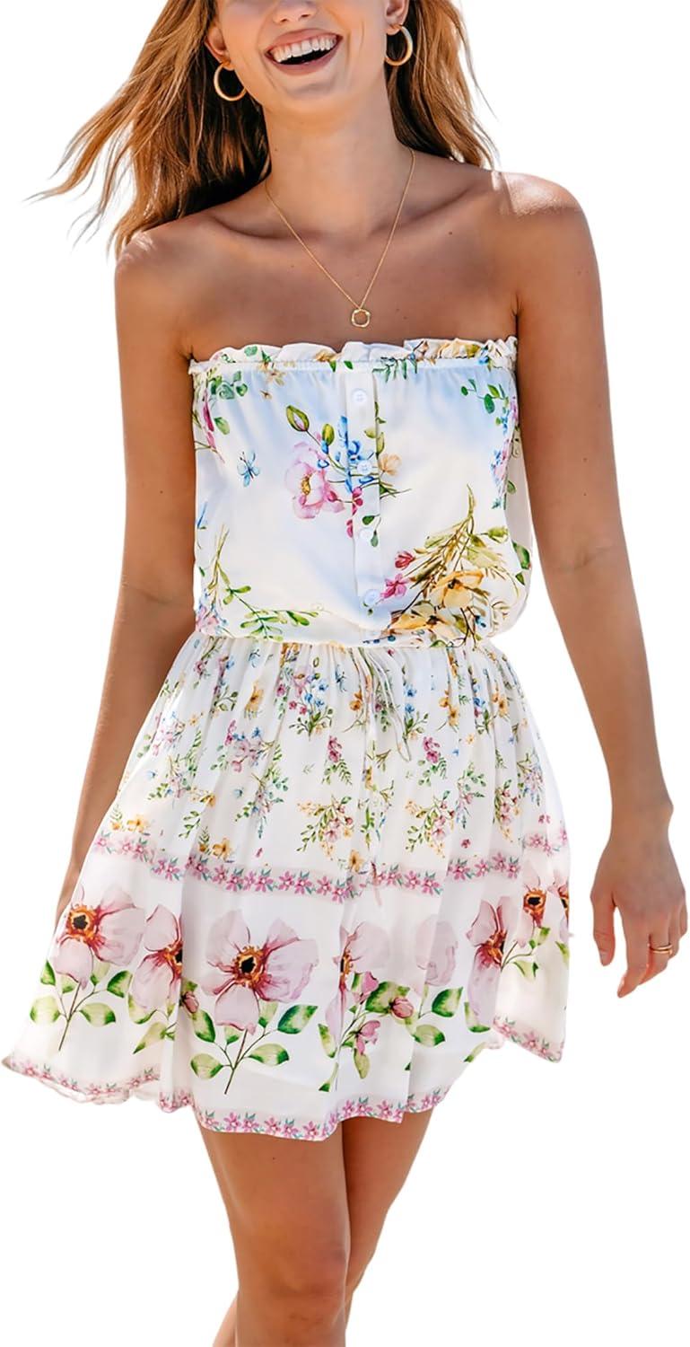 cupshe women's mini dress strapless ruffled sleeveless floral belted a line short beach summer dresses