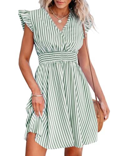 cupshe women's mini dress v neck flutter sleeve striped smocked waist a line short summer cocktail dress green striped, xl