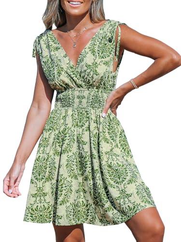 cupshe women's mini dress v neck short sleeve paisley smocked waist short casual summer dress green paisley, s