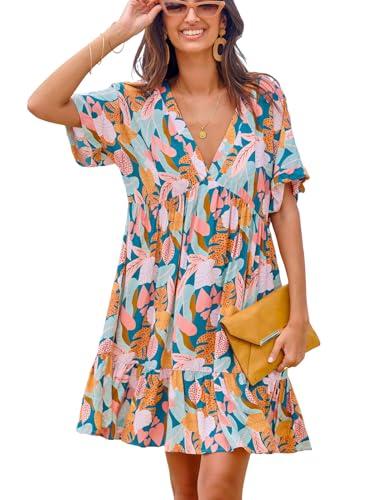 cupshe women's mini dress v neck tropical short sleeve loose fit ruffled short summer casual dress pink tropical, xl