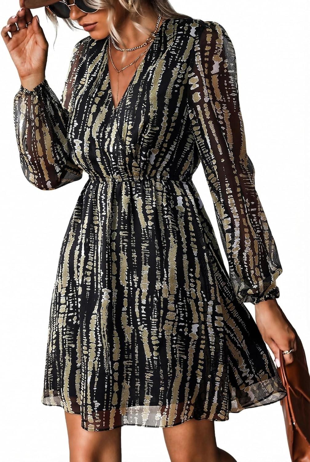 cupshe women's mini dresses casual spring v neck chiffon long peasant sleeves flowy spring dress