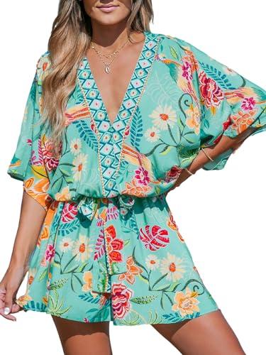 cupshe women's mini dresses v neck floral half dolman sleeeve belted loose fit short summer beach dress mint floral, xl
