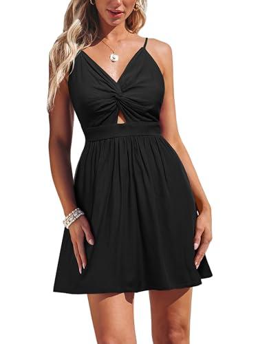cupshe women's mini dresses v neck sleeveless cutout short dress pleated self tie back summer dress black, s