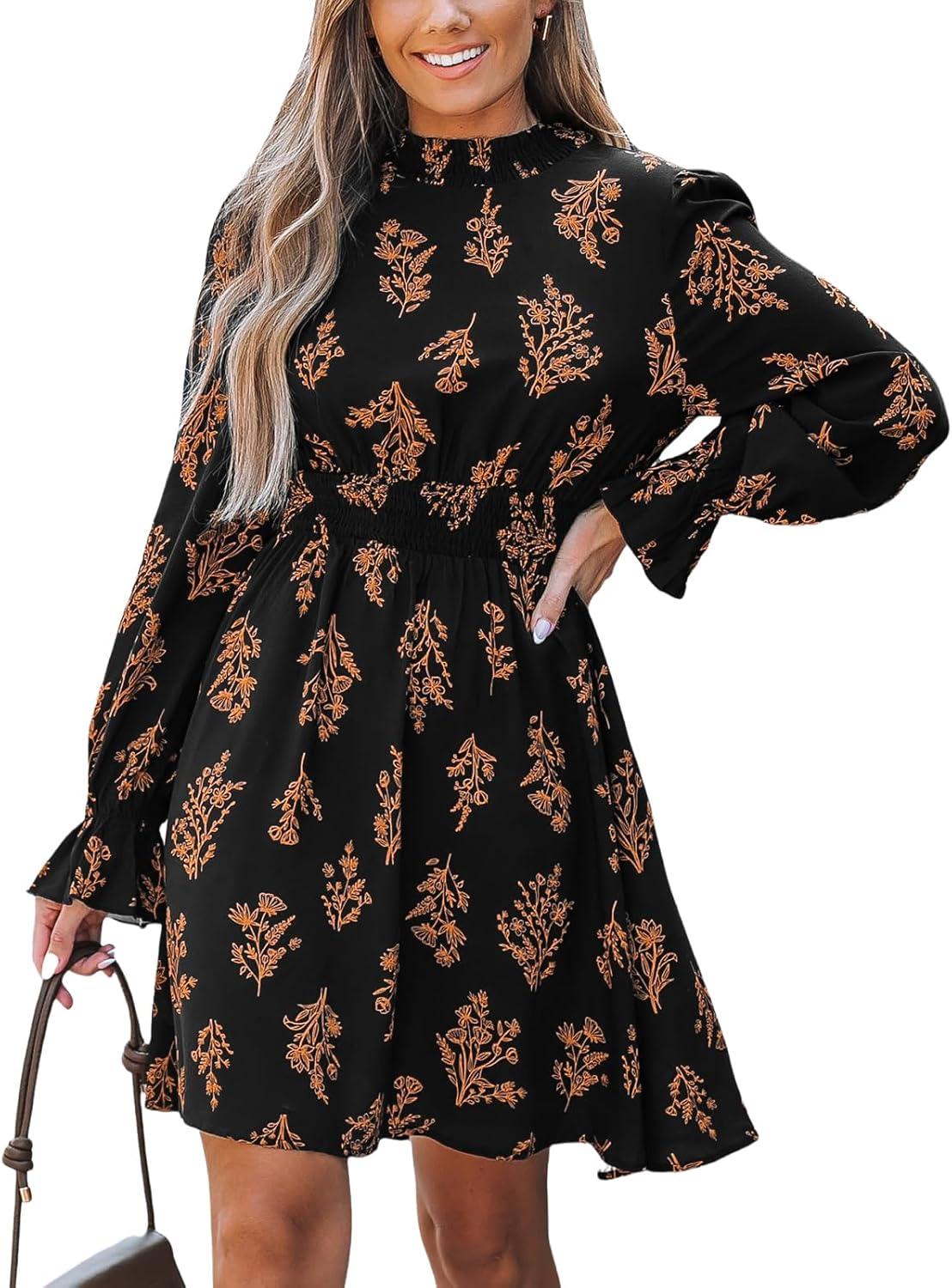 cupshe women's mock neck floral mini fall dress long ruffle sleeve elastic waist smocked casual flowying mini dresses