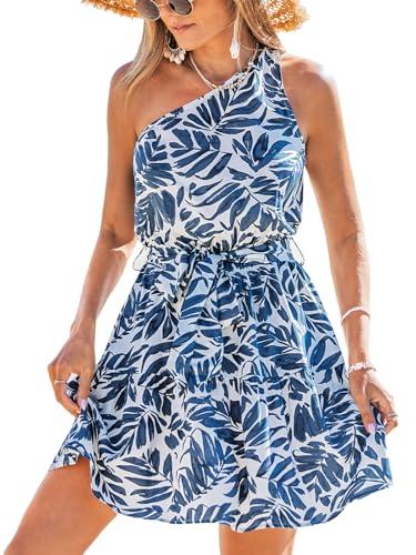 cupshe women's one shoulder beach dress sleeveless tie waist mini summer casual dresses navy blue leaves m