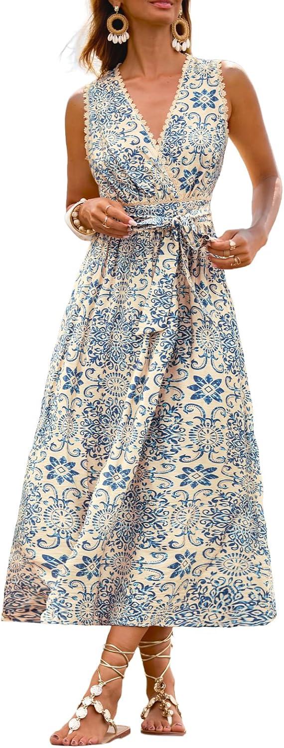 cupshe women's paisley floral maxi sundress sleeveless v neck lace trim dress summer vacation beach belted flowy dresses