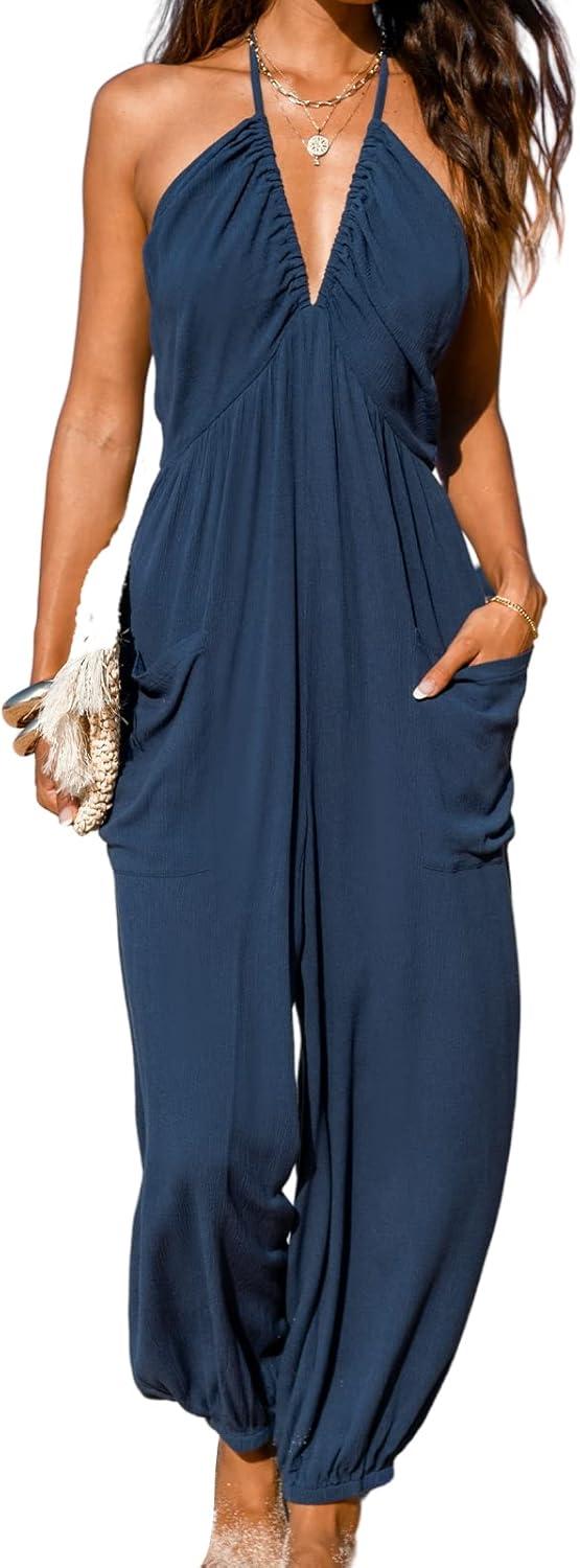 cupshe women's plunge halter sleeveless pleated long romper knit jogger maxi jumpsuit with pockets