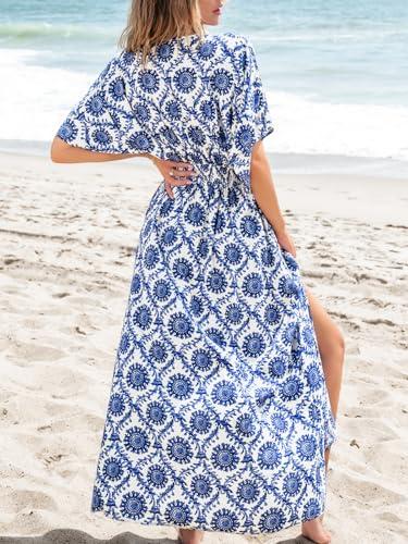 cupshe women's plunging v neck beach dress boho half dolman sleeve empired waist side split maxi summer dresses, navy blue l
