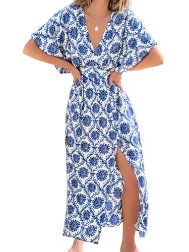 cupshe women's plunging v neck beach dress boho half dolman sleeve empired waist side split maxi summer dresses, navy blue l