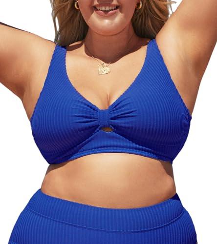 cupshe women's plus size bikini top v neck swimsuit front knot back hook ribbed bathing suit 3xl, royal blue