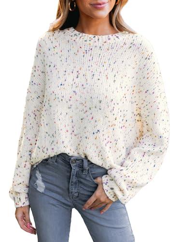 cupshe women's rainbow long sleeve sweaters fall crewneck ribbed knit casual pullover tops white, xl