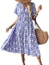 cupshe women's ruffle boho midi dress paisley v neck short sleeve high waist elastic casual summer dresses, blue m