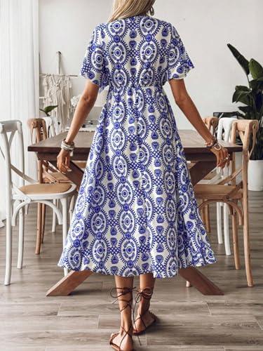 cupshe women's ruffle boho midi dress paisley v neck short sleeve high waist elastic casual summer dresses, blue m