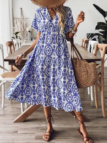 cupshe women's ruffle boho midi dress paisley v neck short sleeve high waist elastic casual summer dresses, blue m