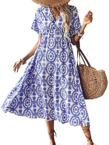 cupshe women's ruffle boho midi dress paisley v neck short sleeve high waist elastic casual summer dresses, blue m