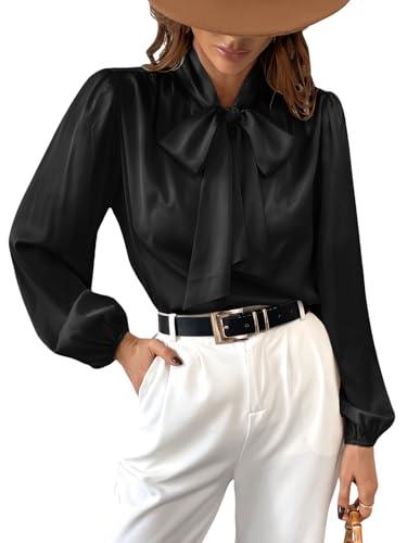 cupshe women's satin tops bow tie lantern long sleeve blouses silk business tops office work shirt black l