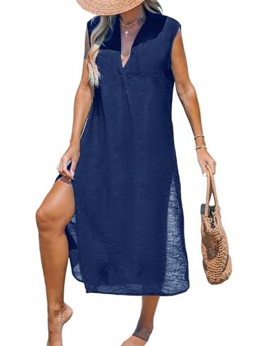 cupshe women's sleeveless v neck swimsuit coverup side split long cardigans sheer beach dress navy xl