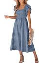 cupshe women's square neck striped smocked ruffle sleeve sleeve maxi dress casual a line summer long dress steel blue