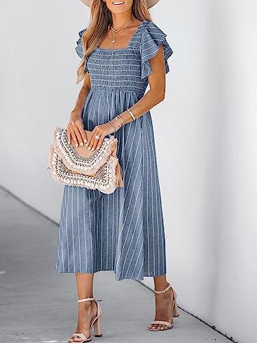 cupshe women's square neck striped smocked ruffle sleeve sleeve maxi dress casual a line summer long dress steel blue