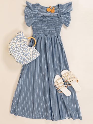 cupshe women's square neck striped smocked ruffle sleeve sleeve maxi dress casual a line summer long dress steel blue