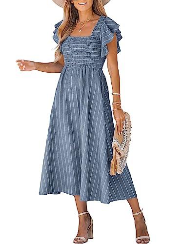 cupshe women's square neck striped smocked ruffle sleeve sleeve maxi dress casual a line summer long dress steel blue