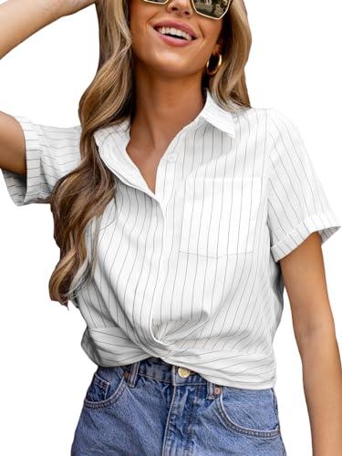 cupshe women's striped button down blouse short sleeve collared shirt tops office workwear white