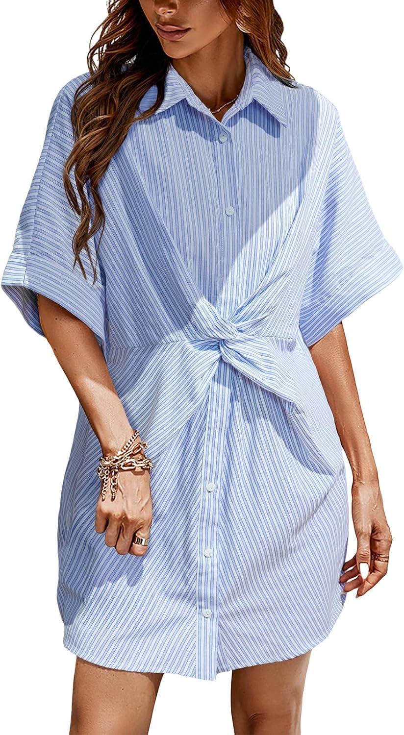 cupshe women's striped mini shirt dress button down dolman sleeve collared dress twist knot summer loose dress