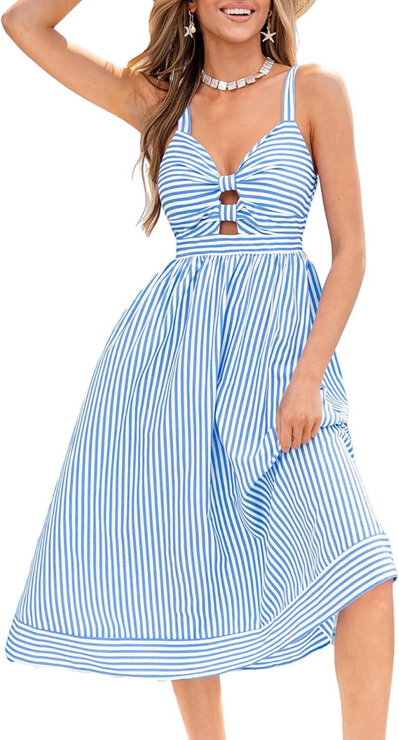 cupshe women's striped summer dresses casual cutout sleeveless spaghetti strap beach sundress smocked long flowy midi dress