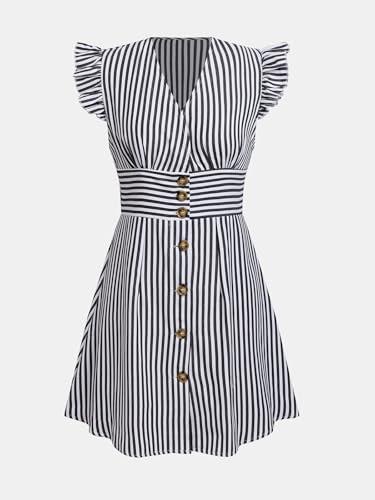 cupshe women's striped summer dresses v neck casual mini dress flutter sleeve ruffle button sundresses black l