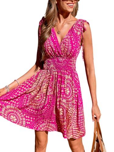 cupshe women's summer beach mini dress v neck short sleeve paisley printed smocked waist short dress pink m