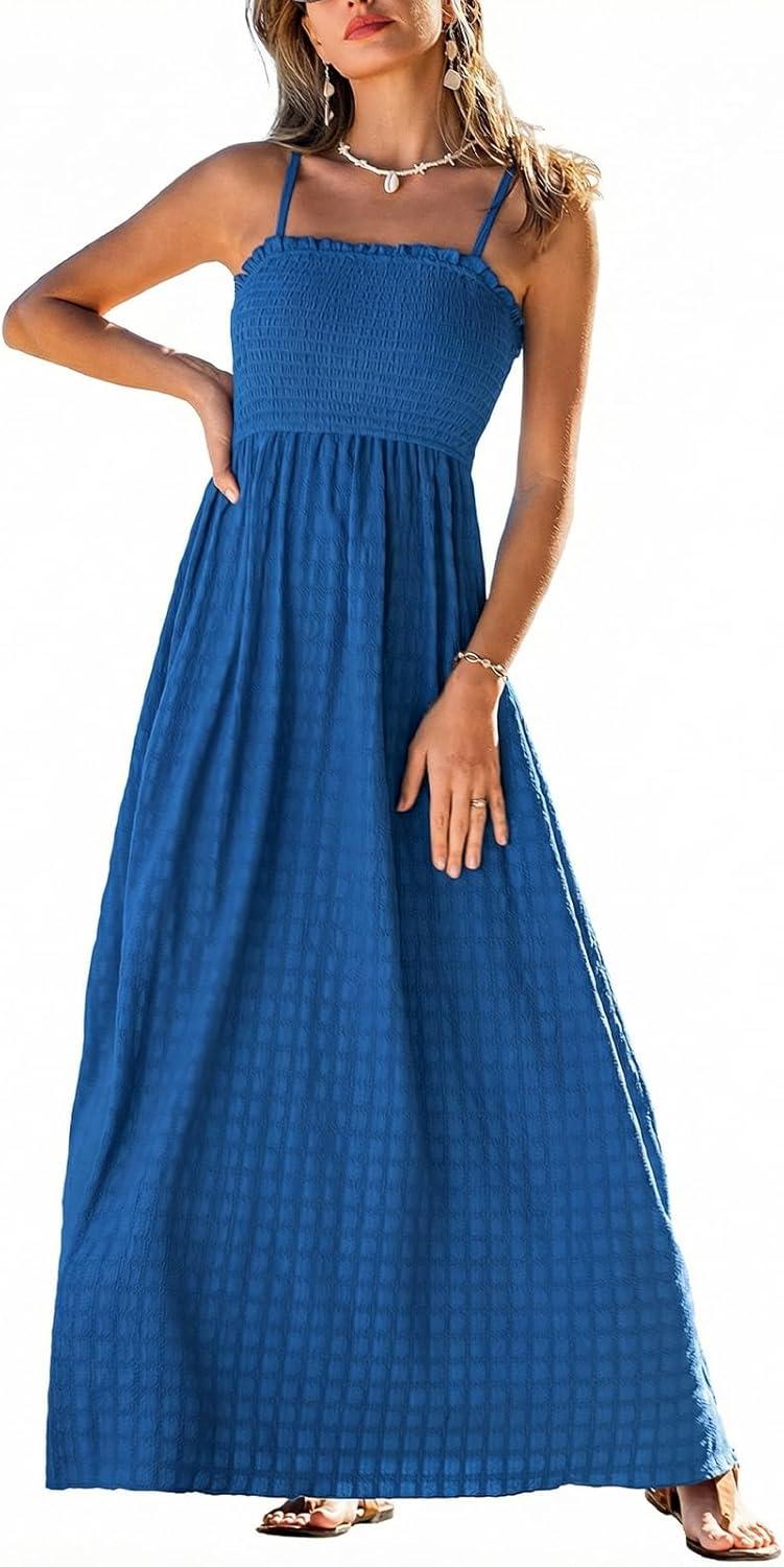 cupshe women's summer beach vacation dress boho smocked maxi sundress casual long flowy spaghetti strap dresses