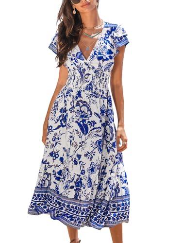 cupshe women's summer dress casual v neck floral smocked cap sleeve ruffled vacation midi dress blue floral, l