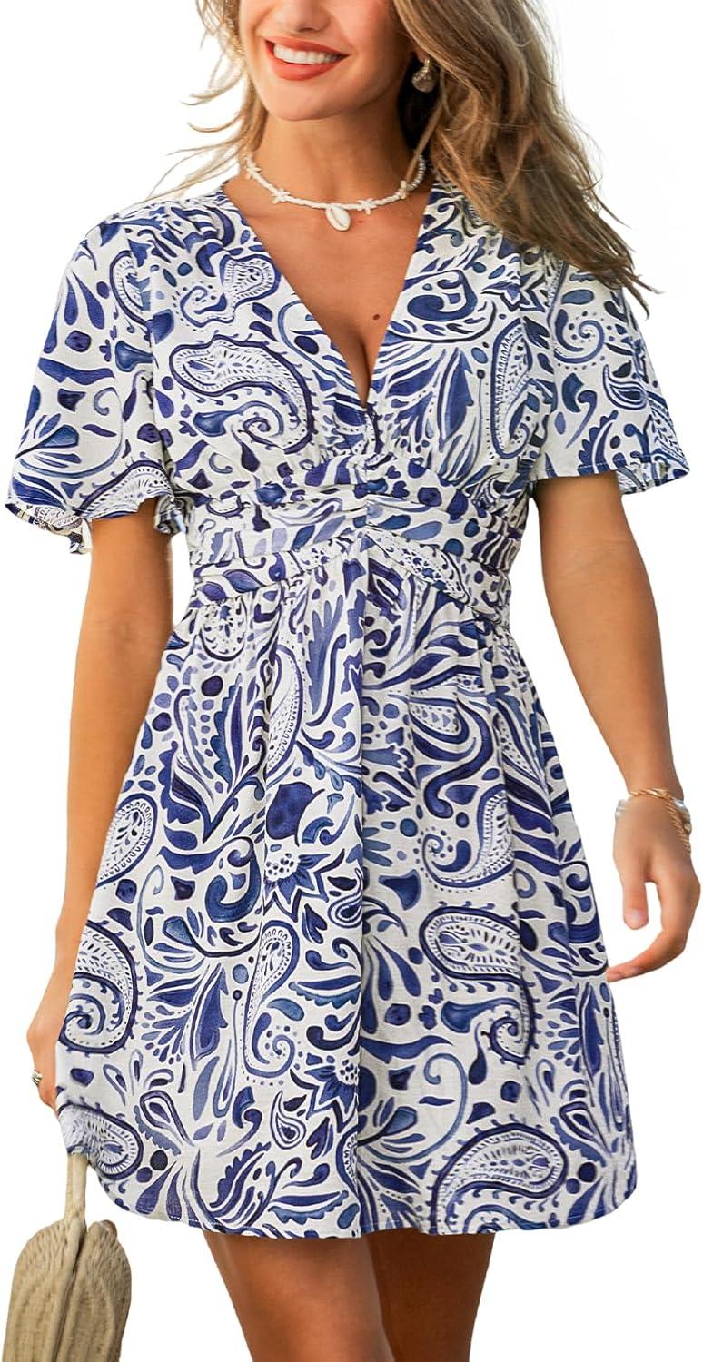 cupshe women's summer dresses abstract plunging v neck short sleeve elastic waist mini dress