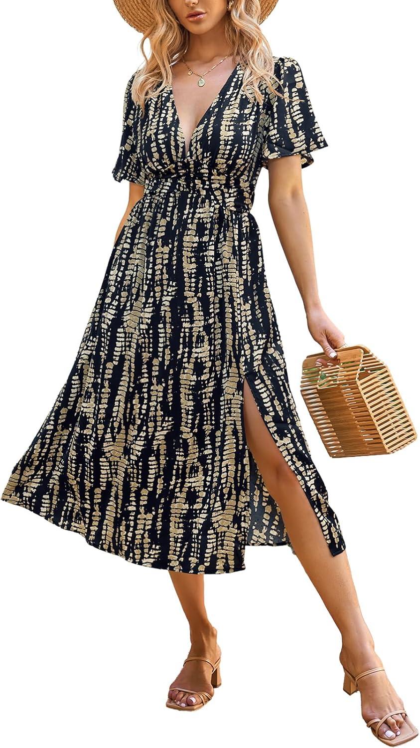 cupshe women's summer dresses abstract tie dye v neck short sleeve elastic waist maxi dress