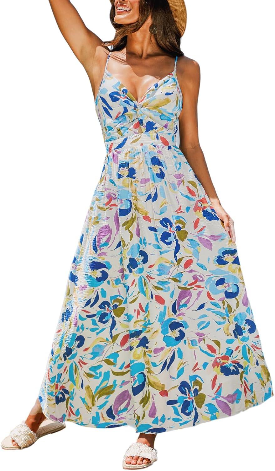 cupshe women's summer dresses abstract twisted v neck sleeveless casual beach vacation maxi dress