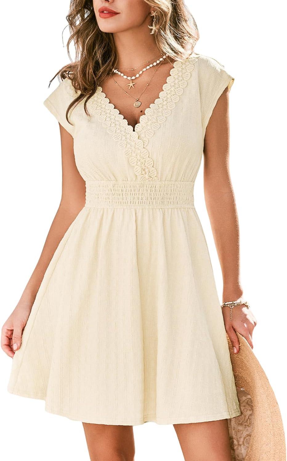 cupshe women's summer dresses boho v neck sleeveless textured a line smocked swing beach mini dress