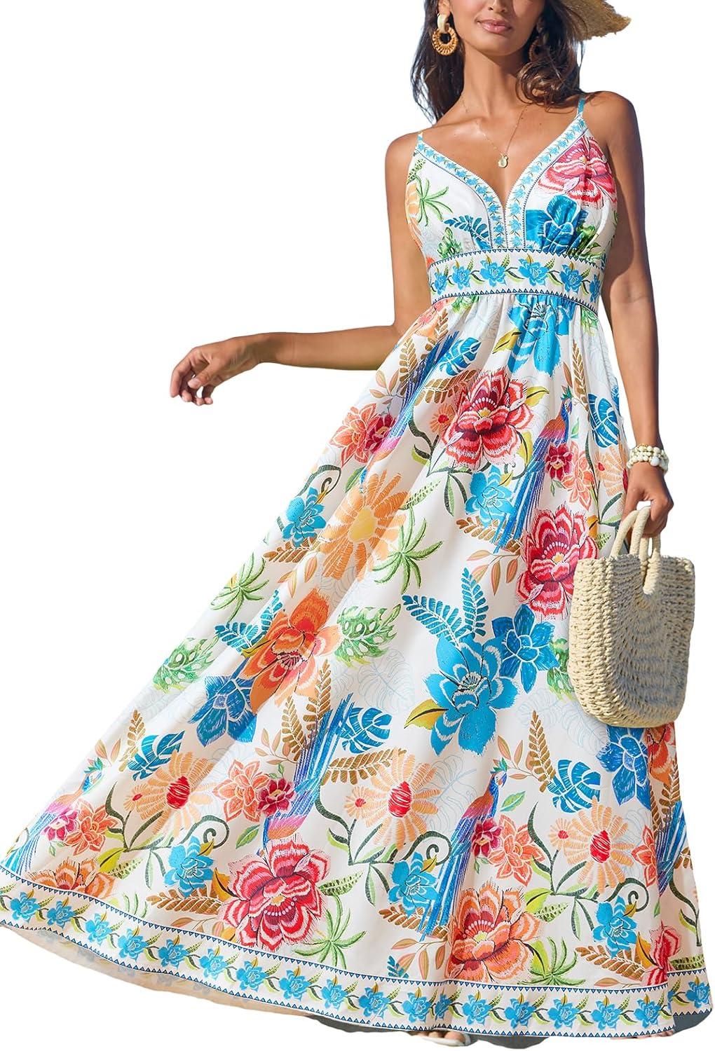 cupshe women's summer dresses casual spring v neck sleeveless floral beach vacation long spaghetti strap flowy maxi dress