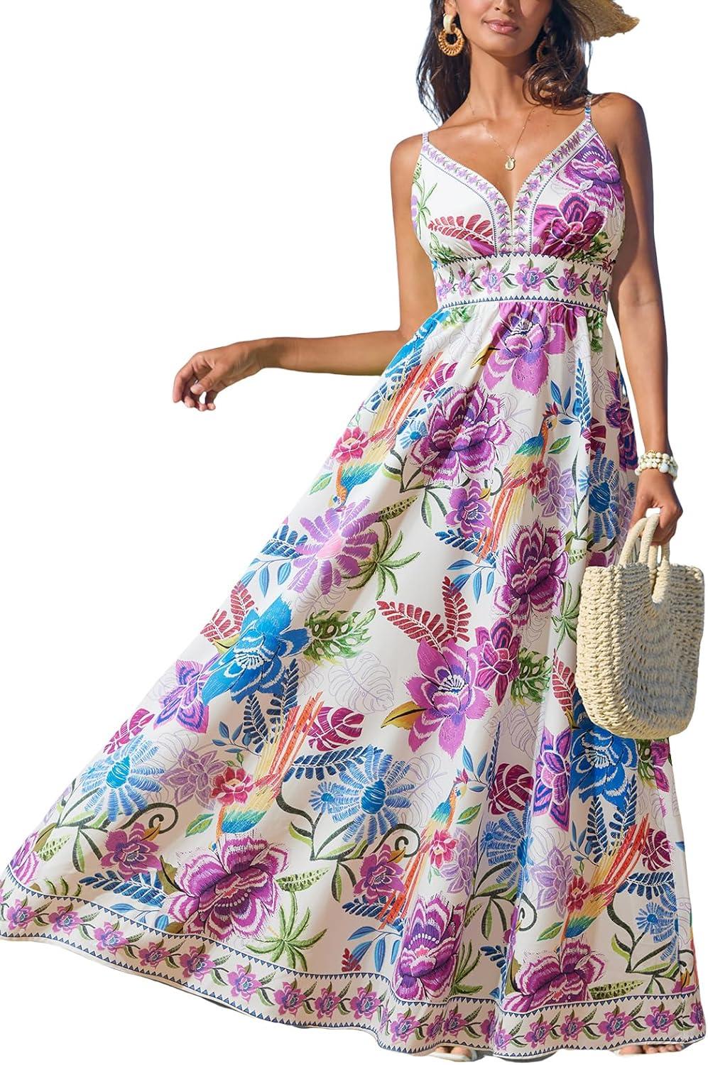 cupshe women's summer dresses casual spring v neck sleeveless floral beach vacation long spaghetti strap flowy maxi dress
