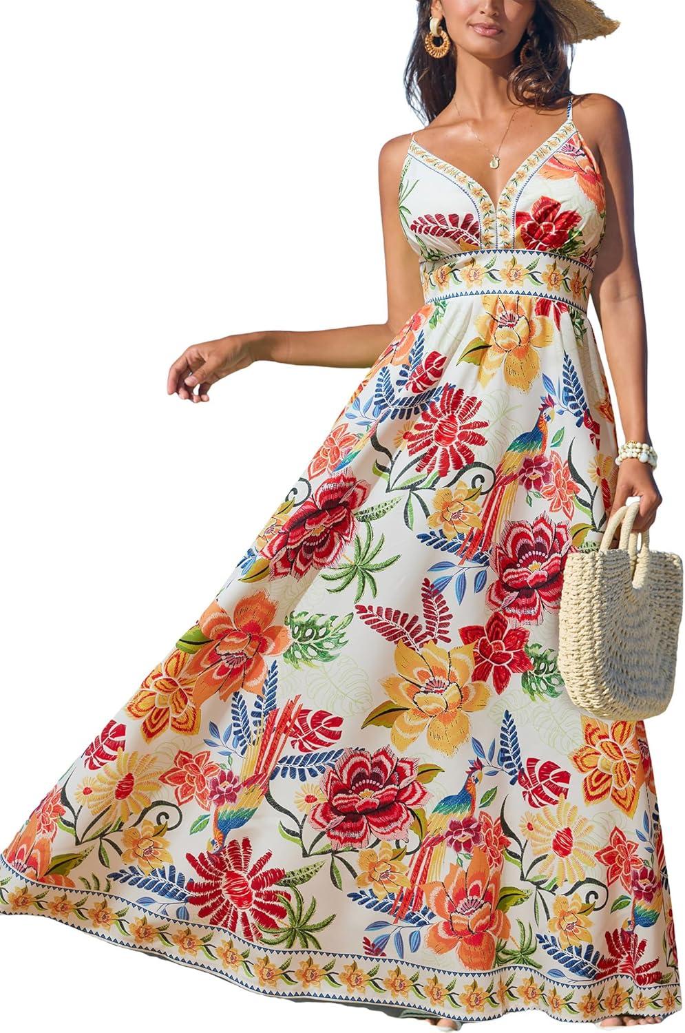 cupshe women's summer dresses casual spring v neck sleeveless floral beach vacation long spaghetti strap flowy maxi dress
