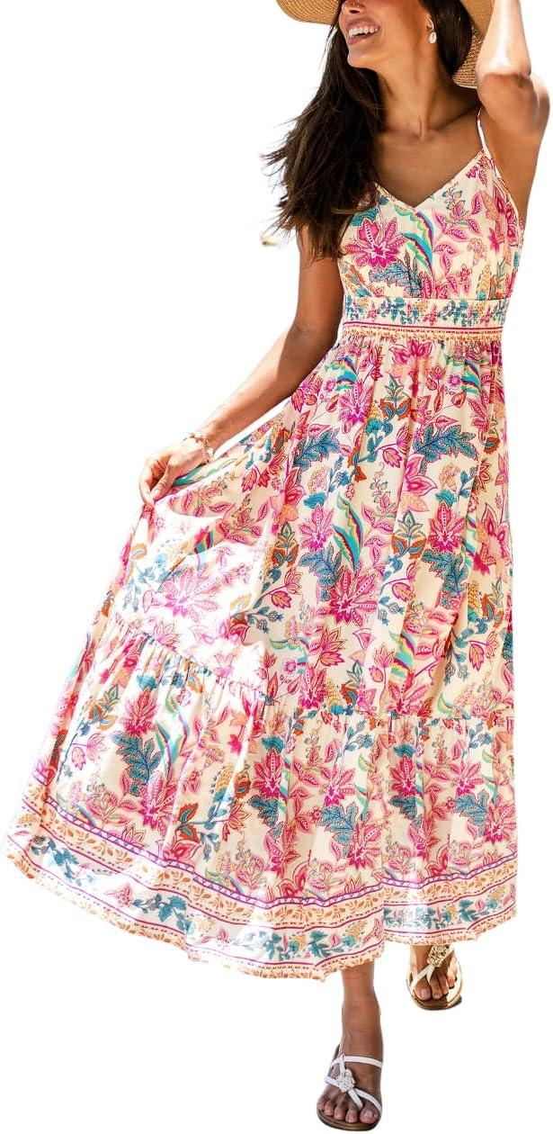 cupshe women's summer dresses floral adjustable spaghetti strap v neck smocked beach vacation flowy maxi dress