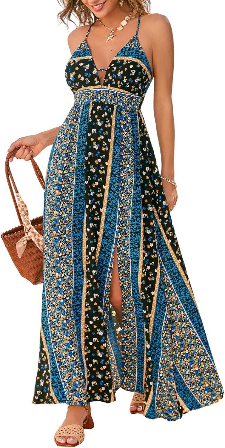 cupshe women's summer dresses floral boho backless criss cross spaghetti strap vacation maxi dress