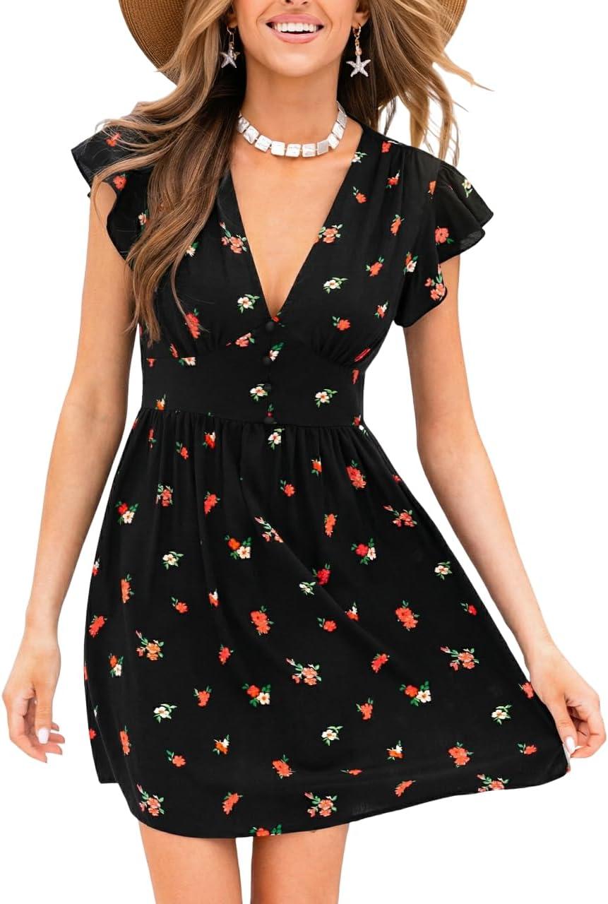 cupshe women's summer dresses floral plunging v neck ruffle sleeves a line smocked mini dress