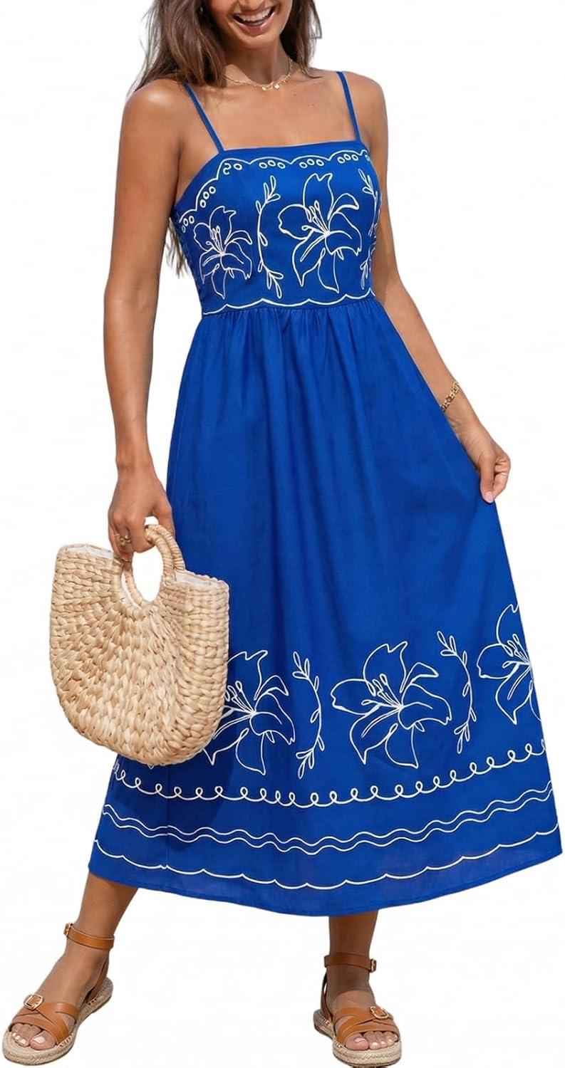cupshe women's summer dresses floral square neck spaghetti straps sleeveless smocked midi dress