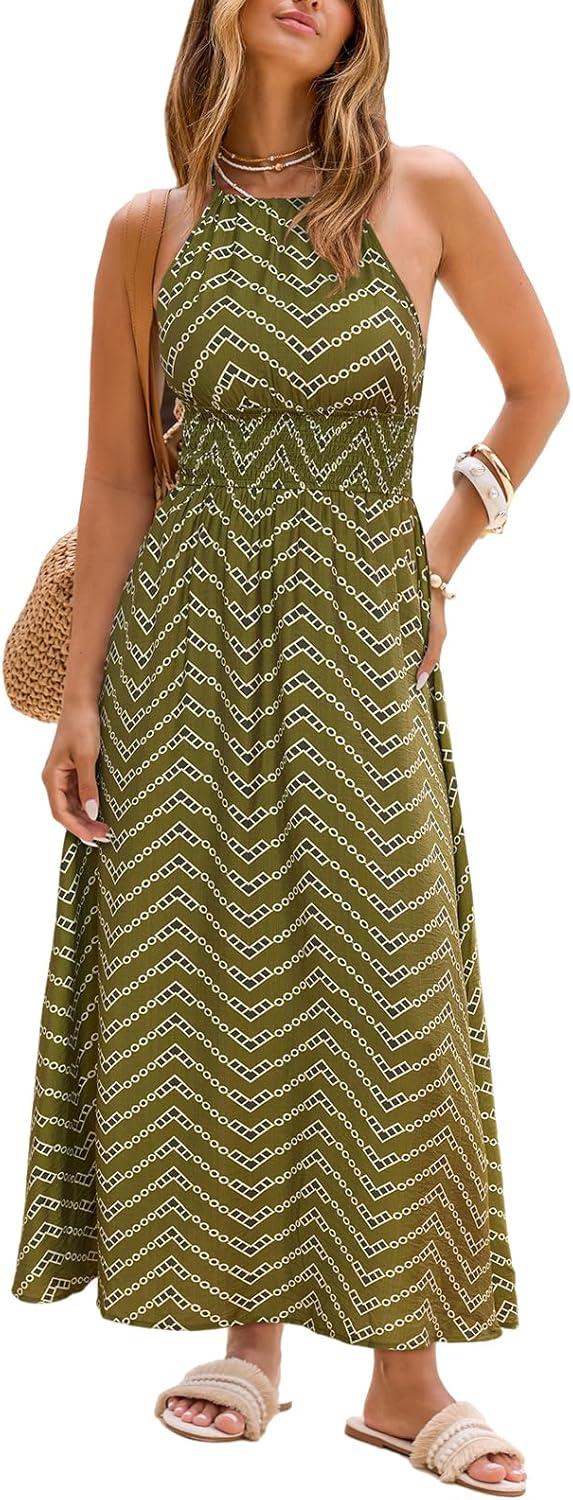 cupshe women's summer dresses geometric halter tie back smcoked casual beach flowy maxi dress