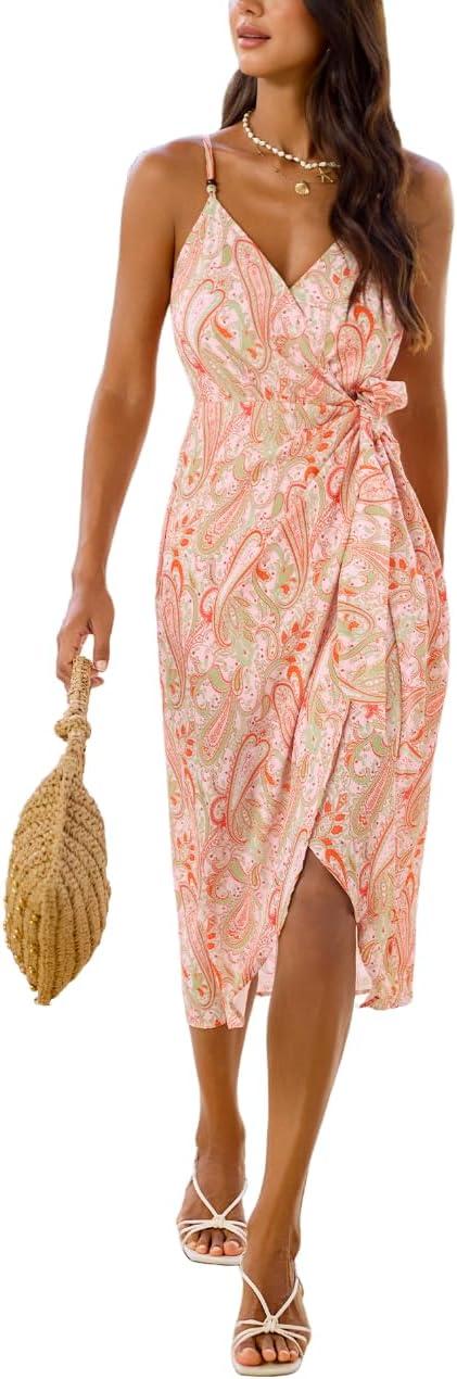cupshe women's summer dresses paisley boho sundress spaghetti strap v neck flowy wrap maxi dresses