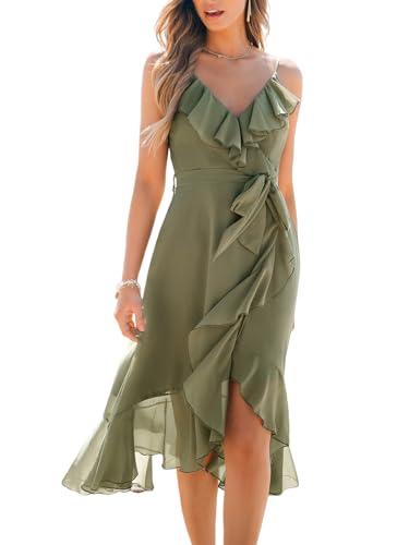 cupshe women's summer dresses ruffled sleeveless spaghetti straps beach midi chiffon bridesmaid wedding guest dress olive green, l