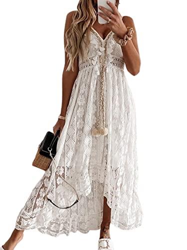 cupshe women's summer dresses sleeveless lace casual tassel beach spaghetti straps flowy maxi sun dress white, l
